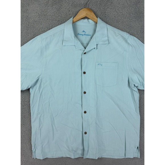 Tommy Bahama Shirt Mens XL Blue Silk Blend Short Sleeve Button Up Collared Woven